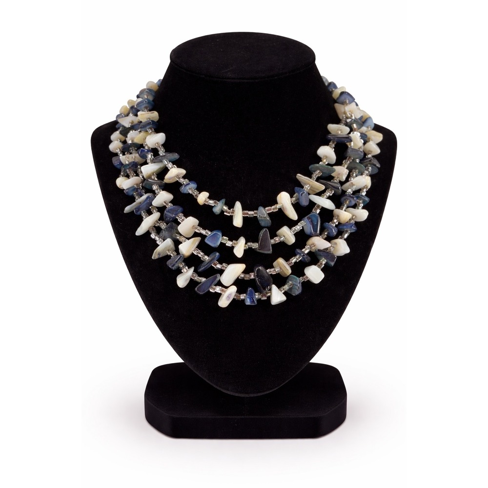 Antique Mid-Century Multi-Strand White Black Stone Glass Beads Necklace Japan